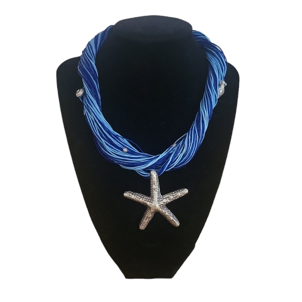 Handmade Blue Rope Starfish Necklace Coastal Statement Beach Jewelry